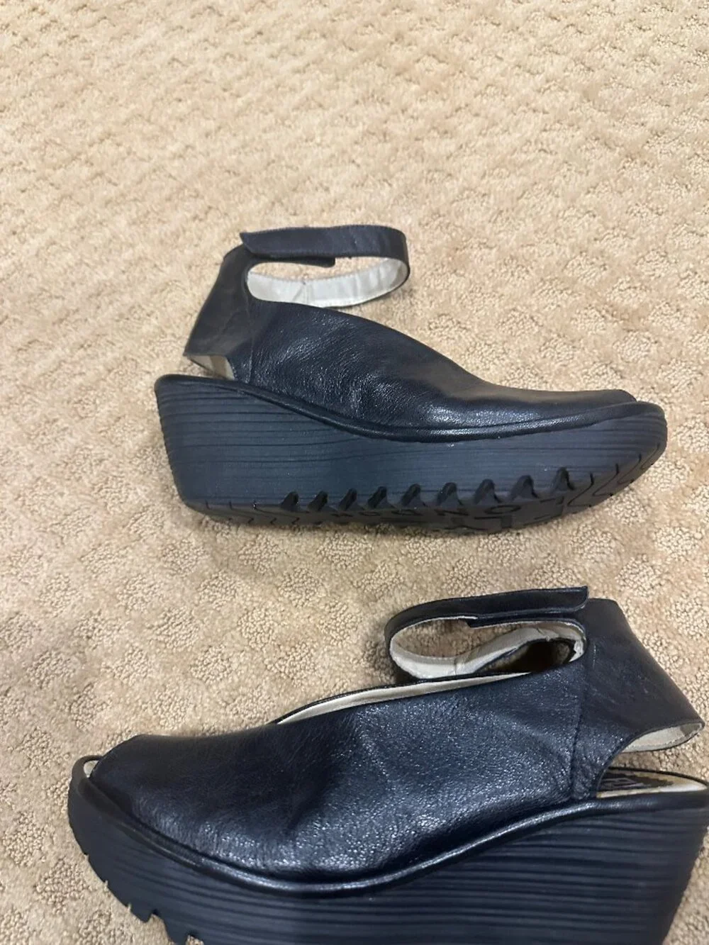 Fly London Ankle Wrap Slingback Peep Toe Black Mousse Chunky Wedge Sandals SZ 40